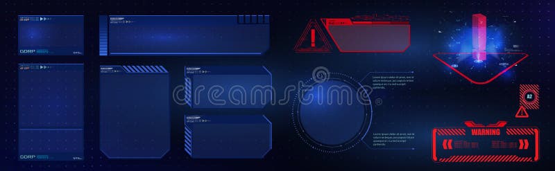 HUD UI GUI futuristic user interface screen elements set. High tech screen for video game. Sci-fi concept design. royalty free illustration.